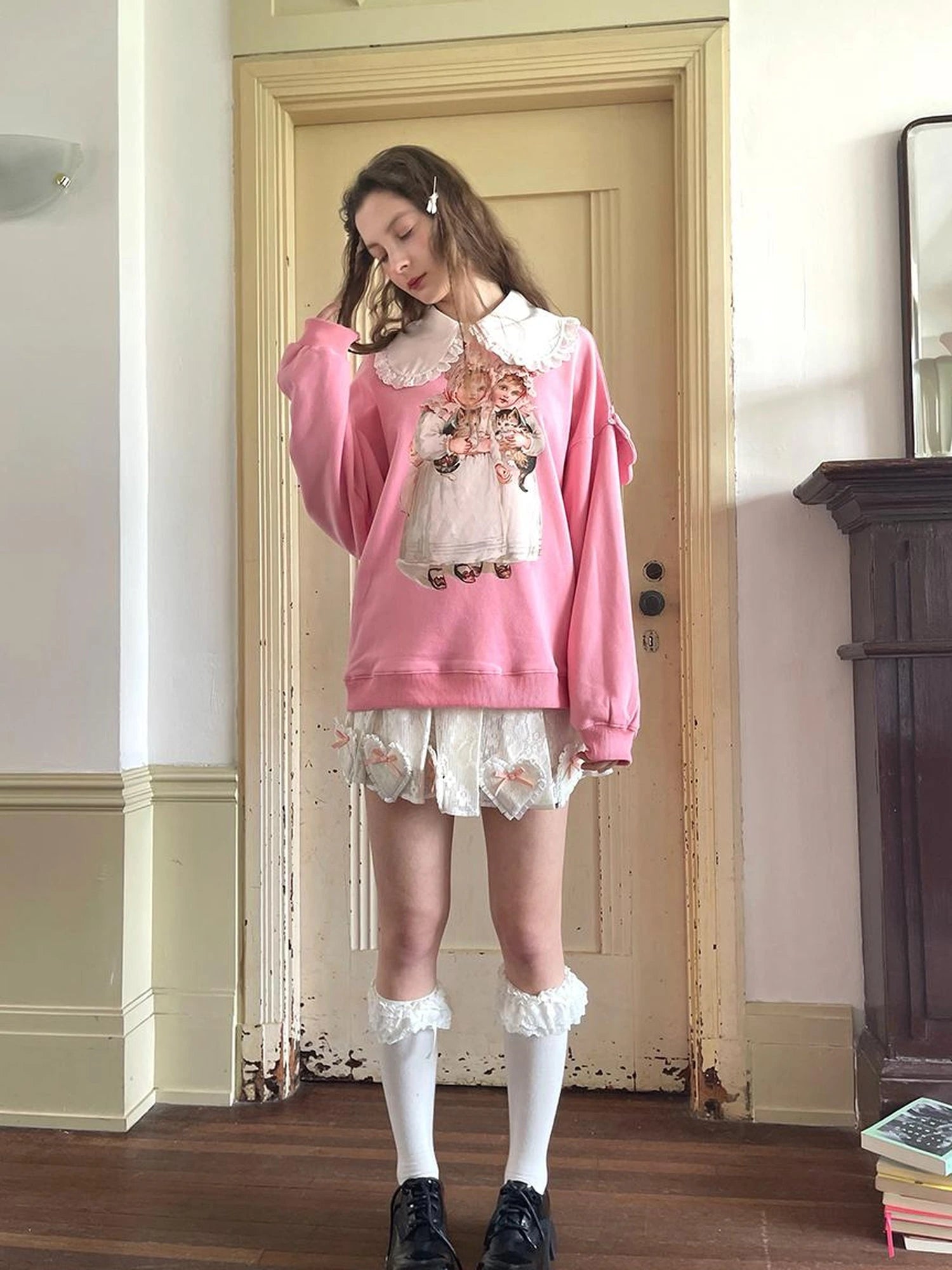 Floral Lace Pleated Mini Skirt With Angel Tears Print