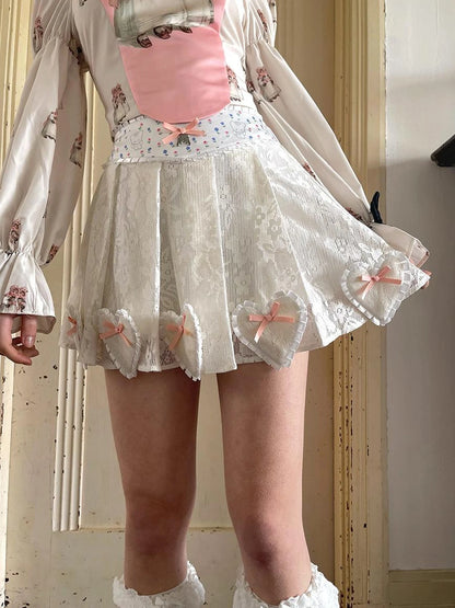 Floral Lace Pleated Mini Skirt With Angel Tears Print