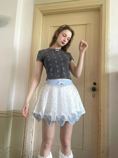 Floral Lace Pleated Mini Skirt With Angel Tears Print