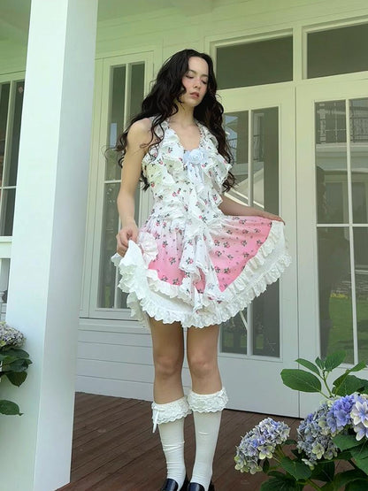 Daytoday Floral Lace Trim Halter Neck Sundress
