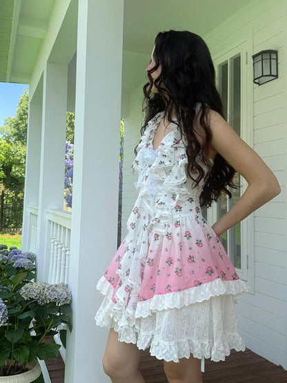 Daytoday Floral Lace Trim Halter Neck Sundress