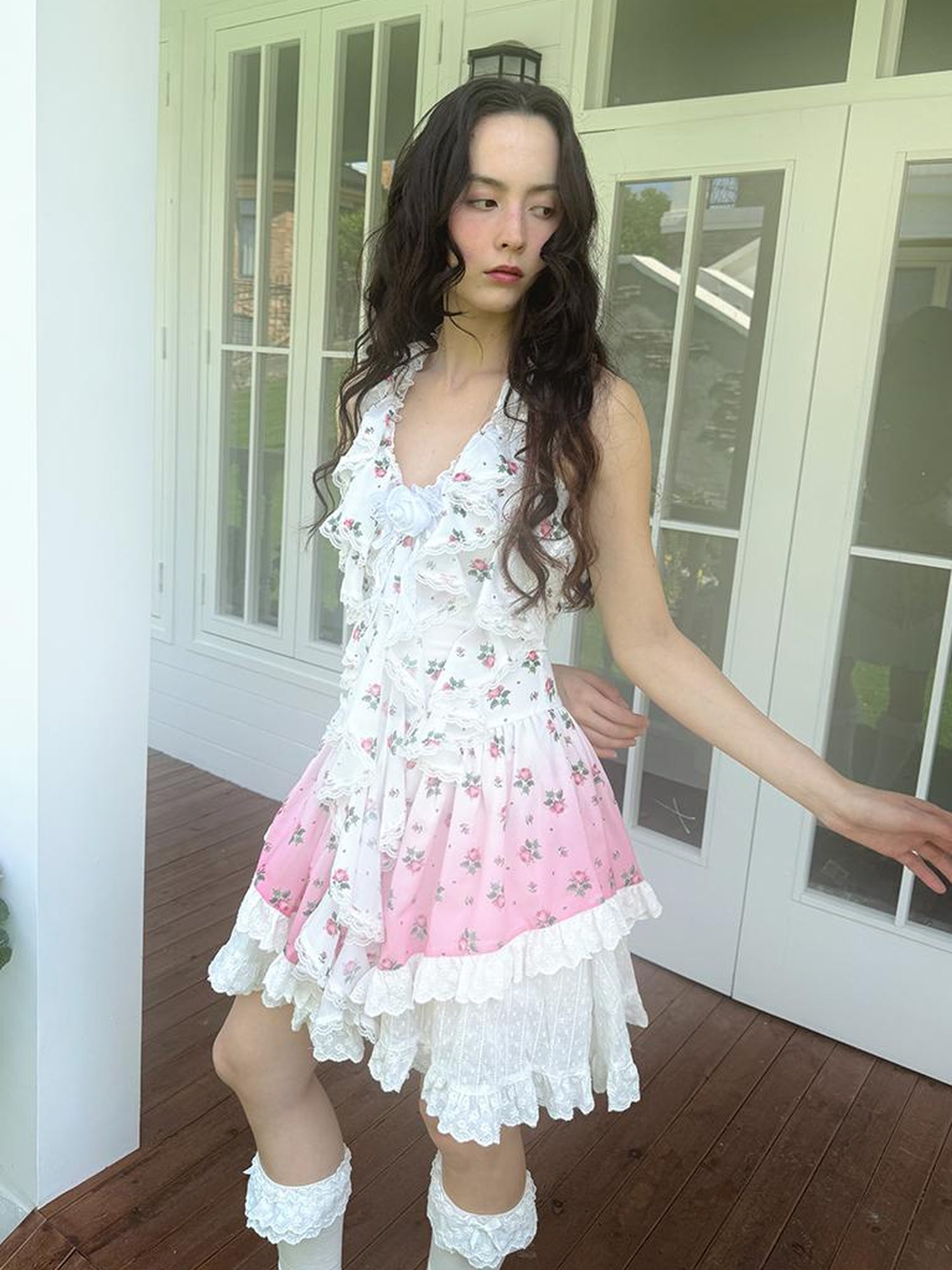 Daytoday Floral Lace Trim Halter Neck Sundress