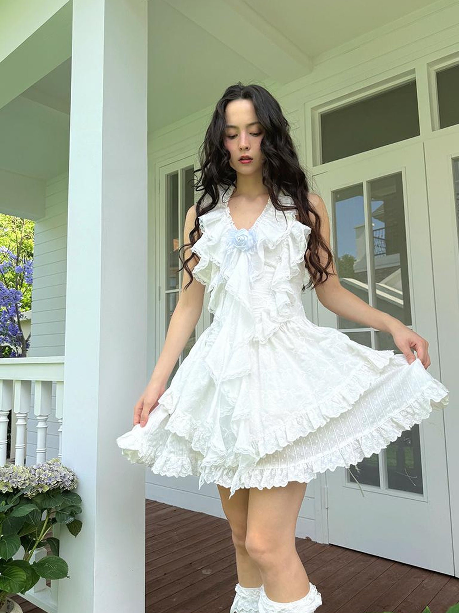 Daytoday Floral Lace Trim Halter Neck Sundress