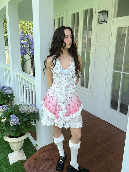 Daytoday Floral Lace Trim Halter Neck Sundress