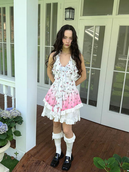 Daytoday Floral Lace Trim Halter Neck Sundress