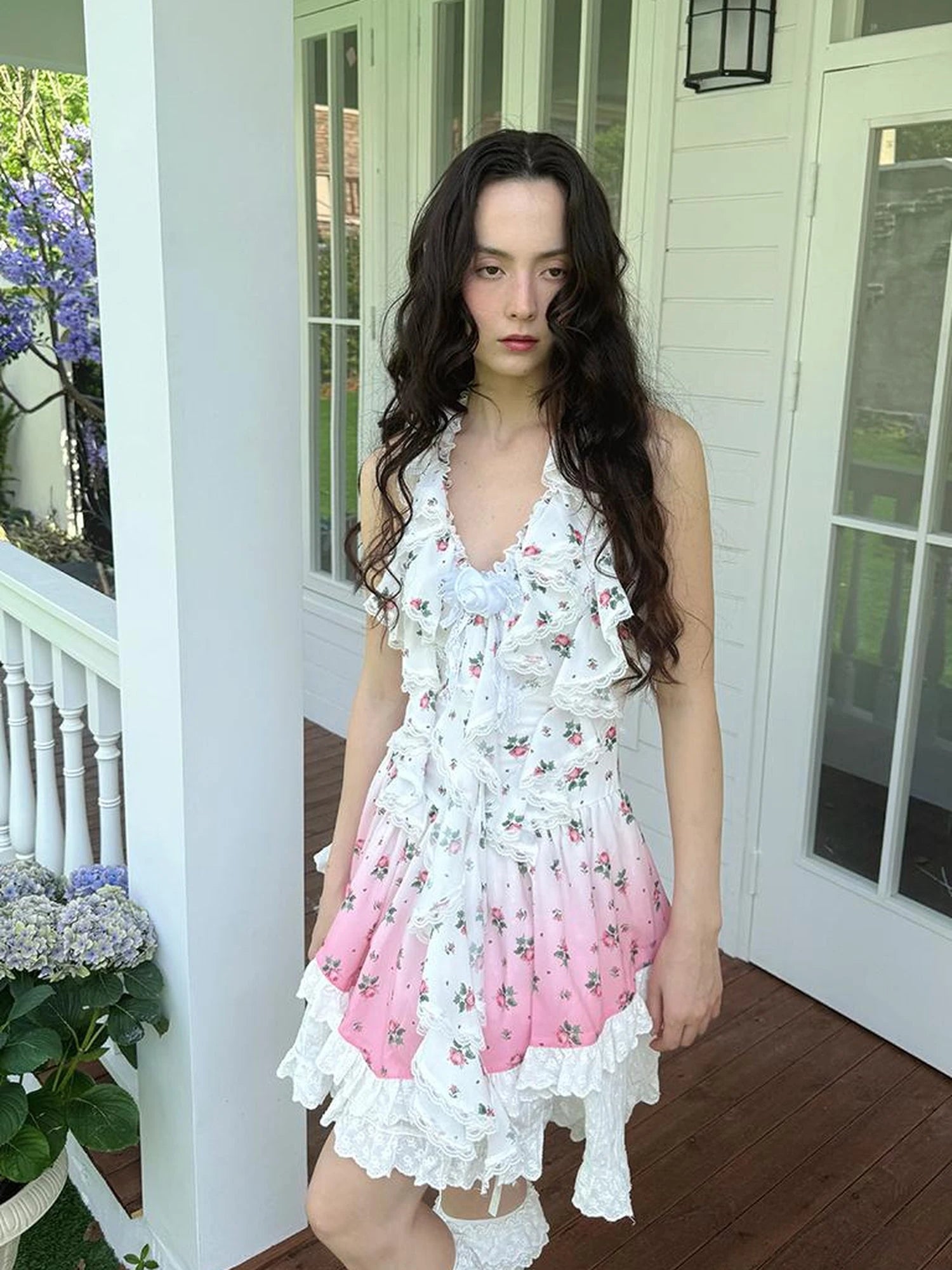 Floral Lace Trim Halter Neck Sundress