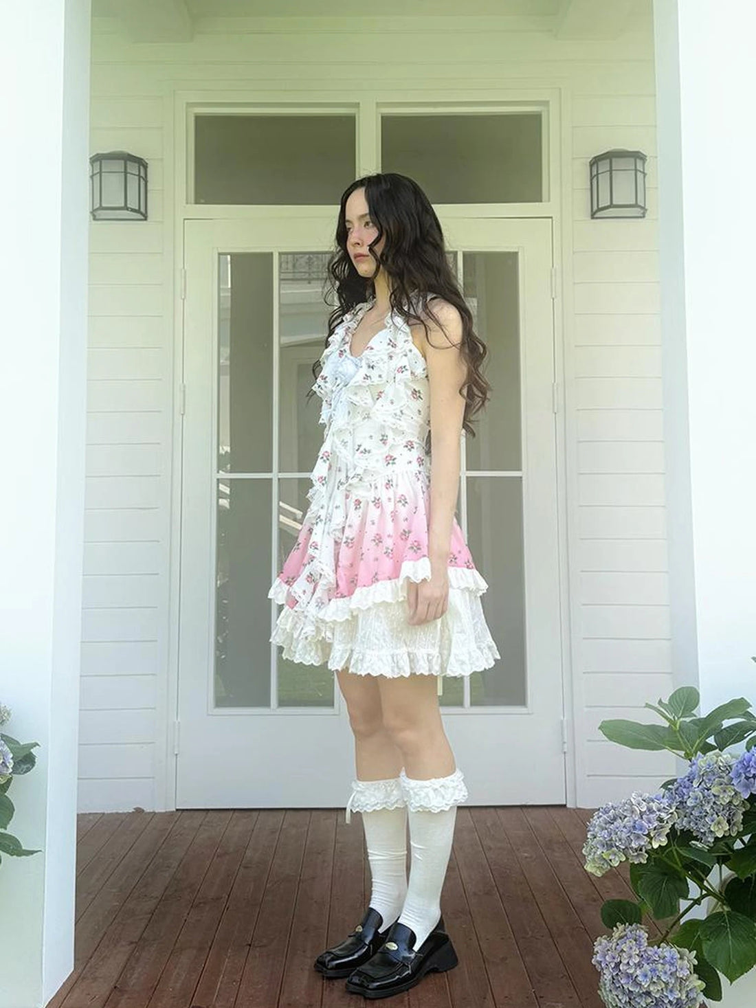 Floral Lace Trim Halter Neck Sundress