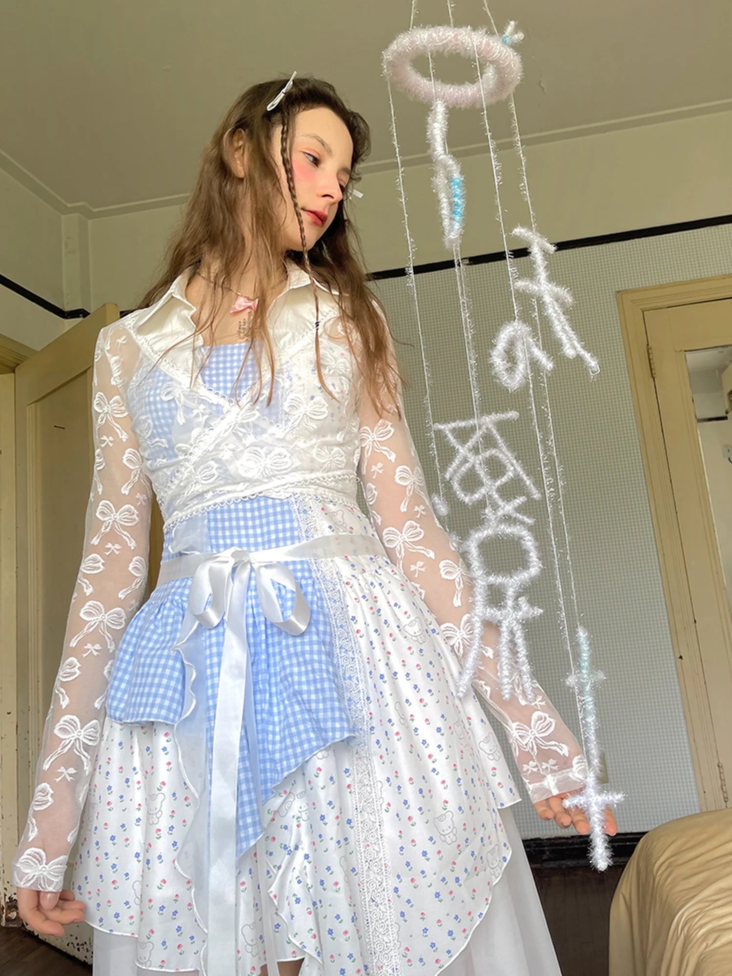 Floral Lace Up Backless Denim Blue Patchwork Dress