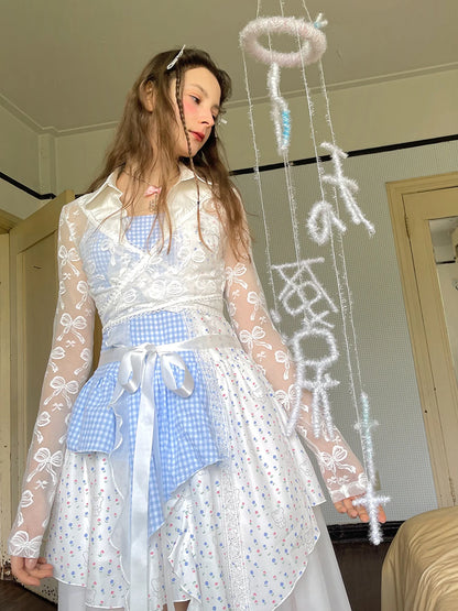 Floral Lace Up Backless Denim Blue Patchwork Dress