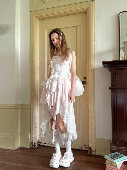 Floral Lace Up Backless Denim Blue Patchwork Dress