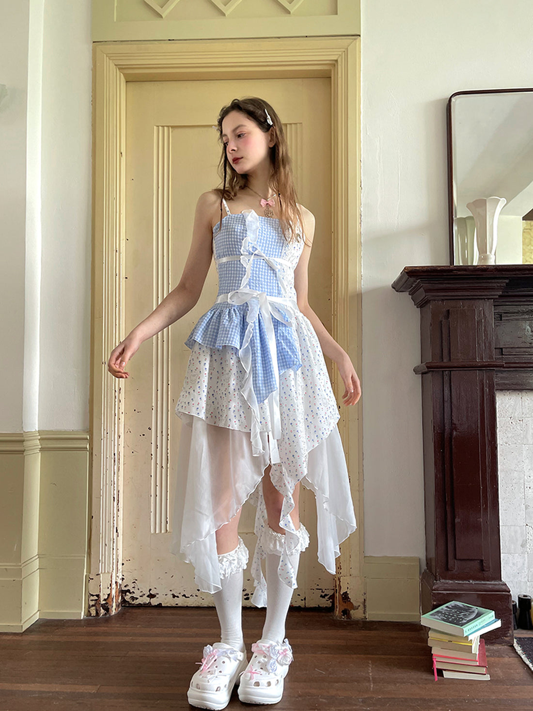 Daytoday Floral Lace Up Backless Denim Blue Patchwork Dress