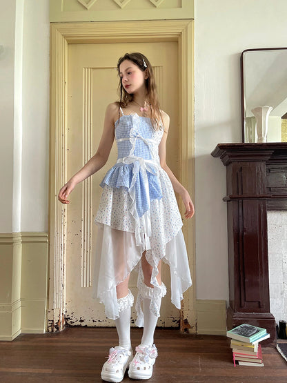 Floral Lace Up Backless Denim Blue Patchwork Dress