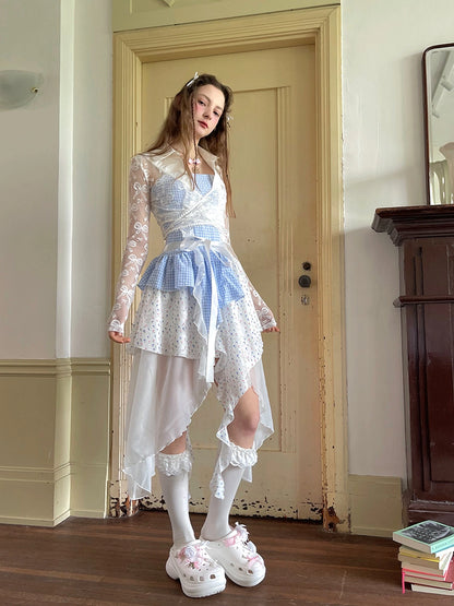 Floral Lace Up Backless Denim Blue Patchwork Dress