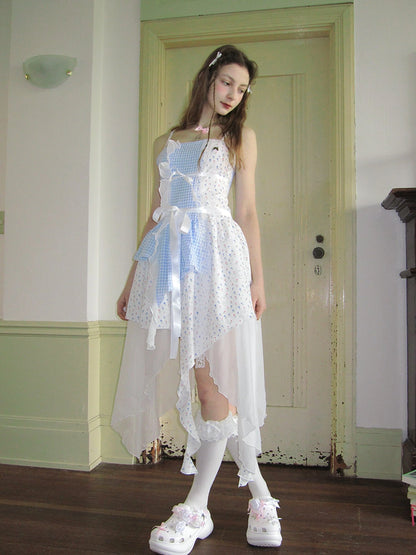 Floral Lace Up Backless Denim Blue Patchwork Dress