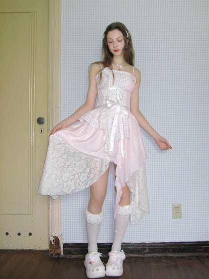 Floral Lace Up Backless Denim Blue Patchwork Dress