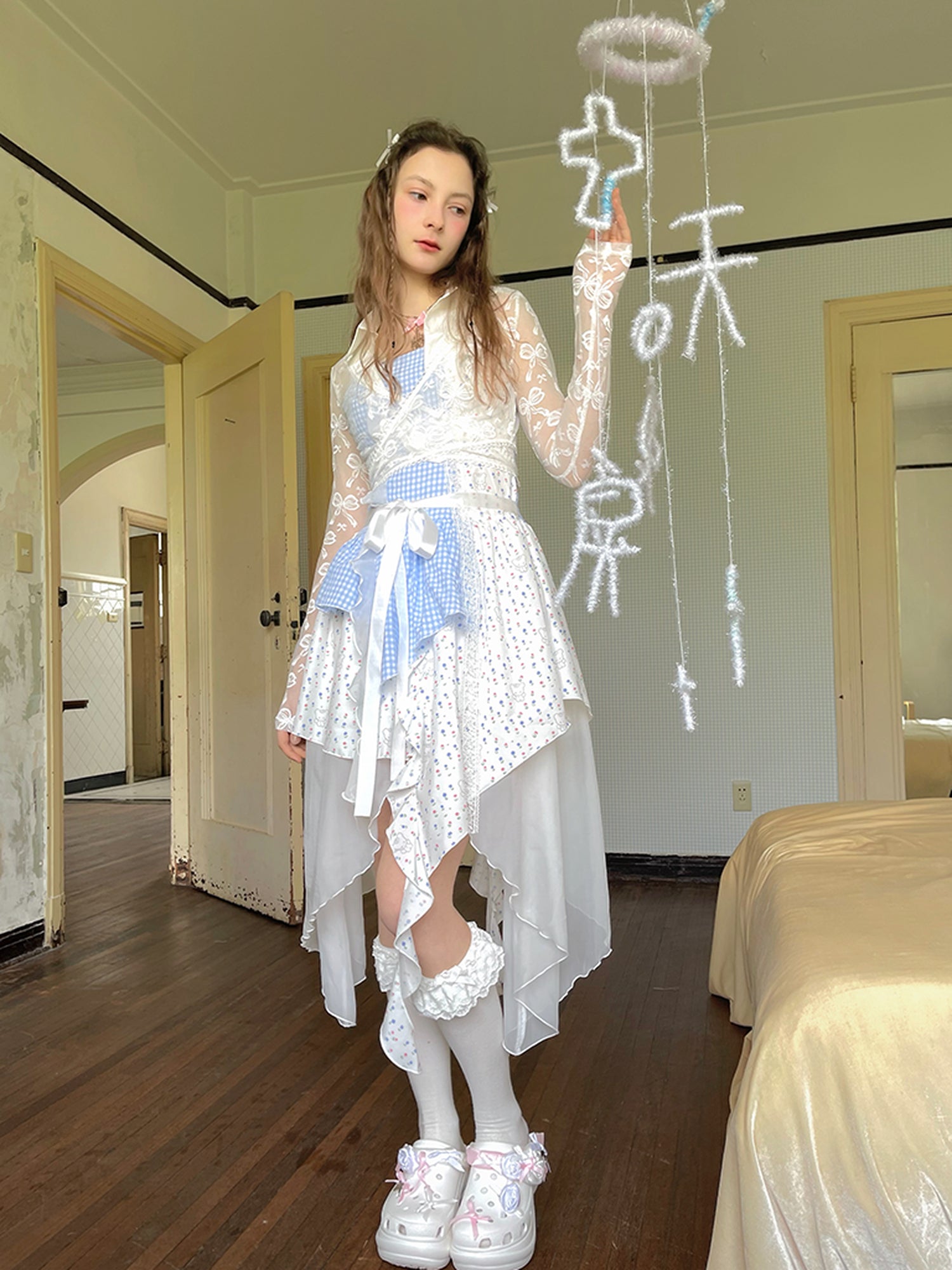 Daytoday Floral Lace Up Backless Denim Blue Patchwork Dress