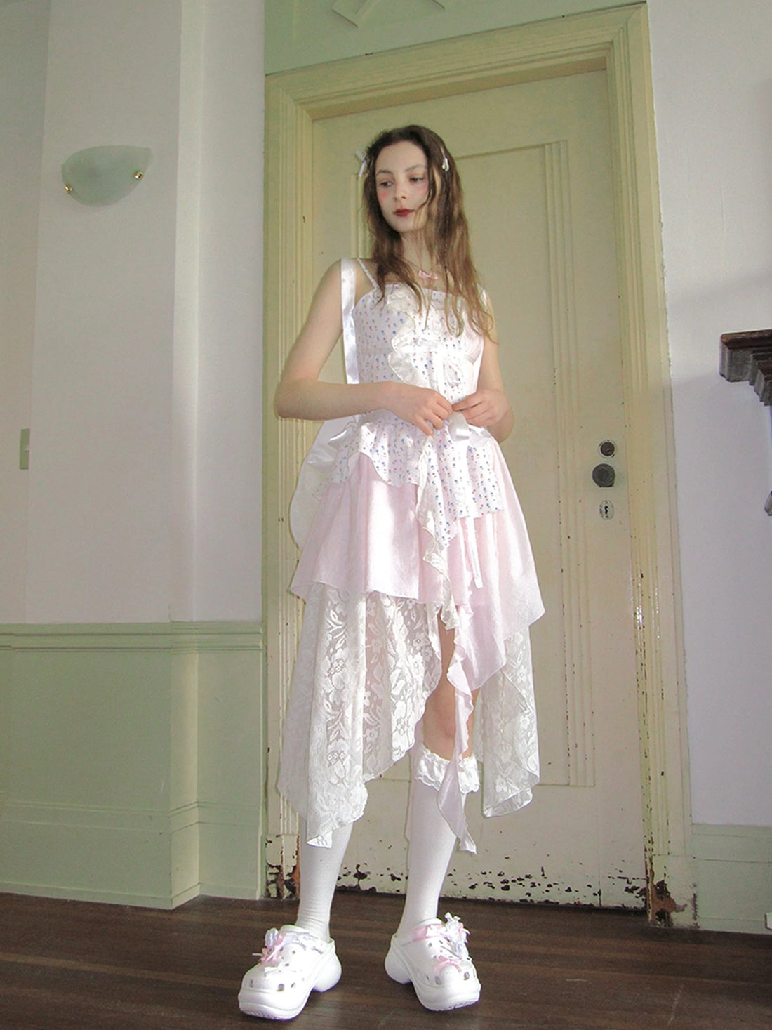 Floral Lace Up Backless Denim Blue Patchwork Dress