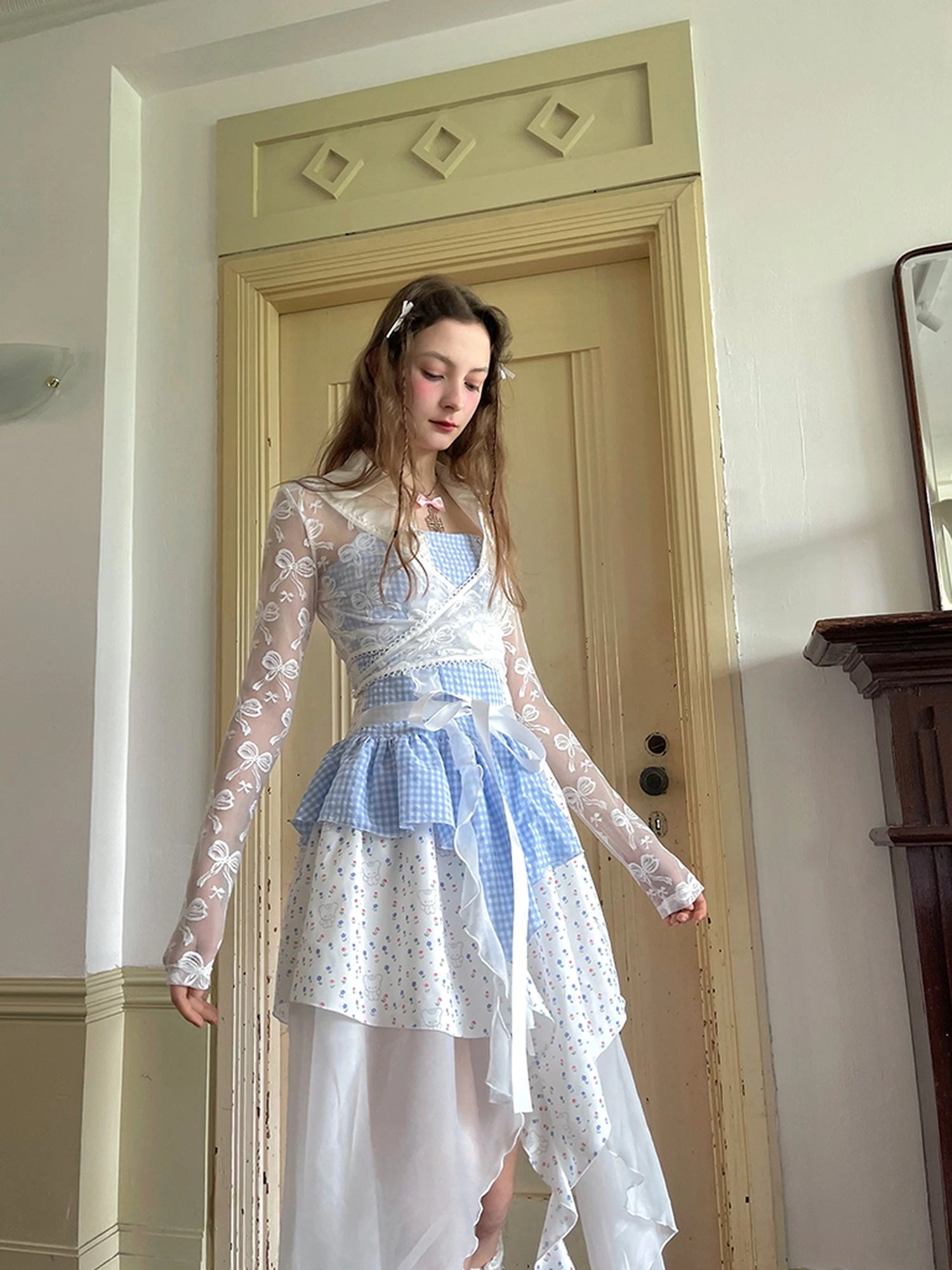 Floral Lace Up Backless Denim Blue Patchwork Dress