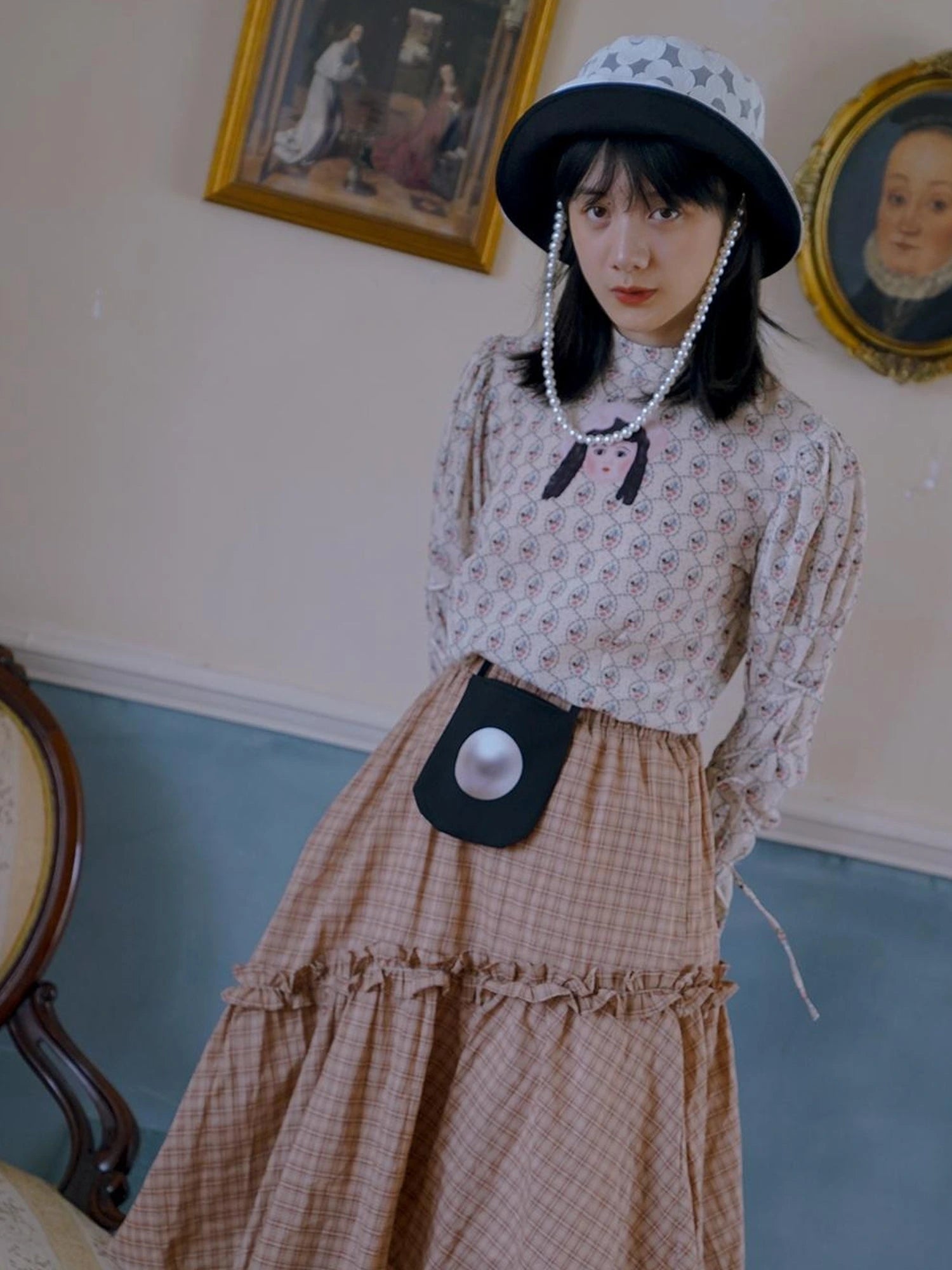 Floral Pearl Checkered Bucket Hat