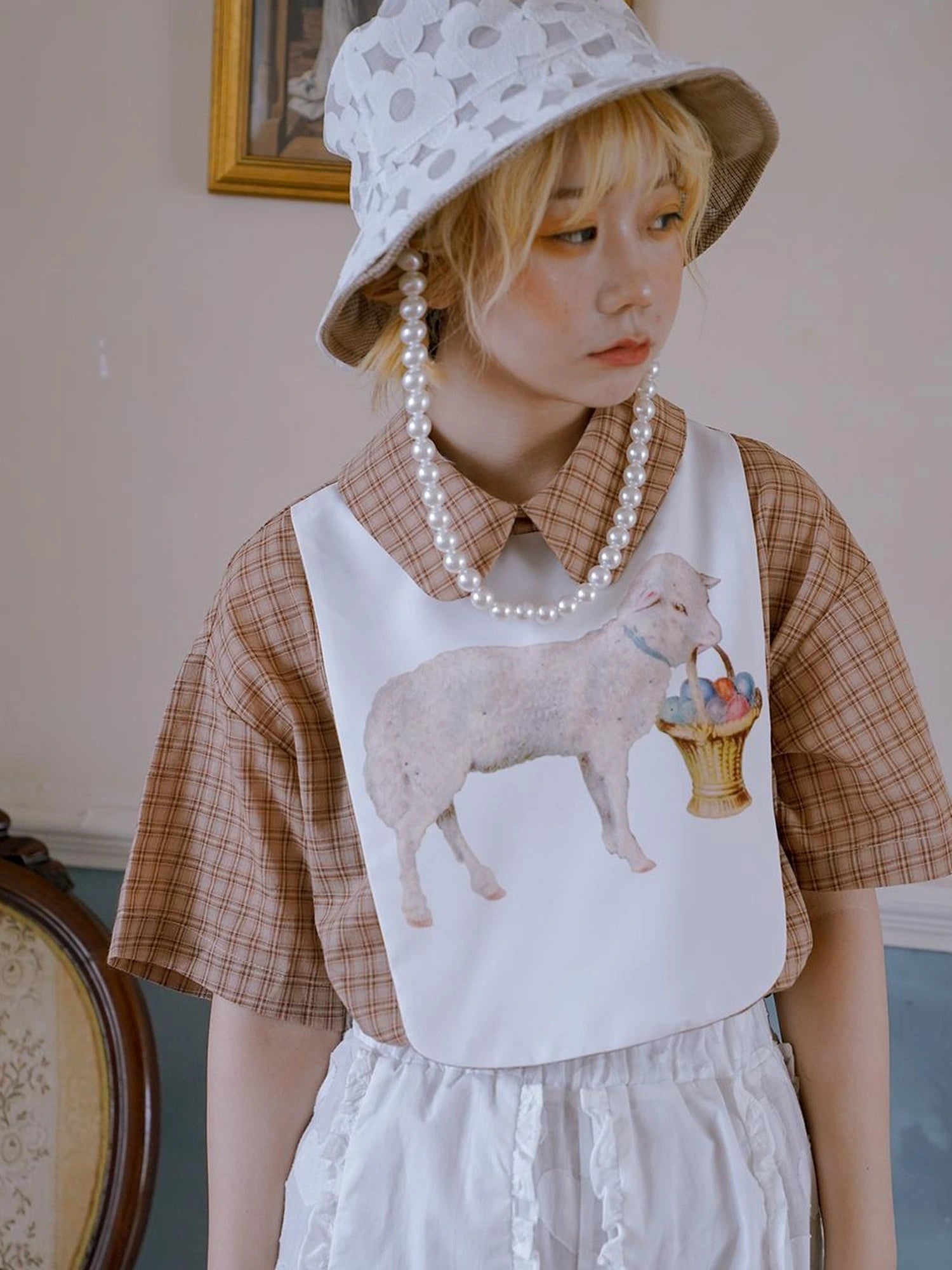 Floral Pearl Checkered Bucket Hat