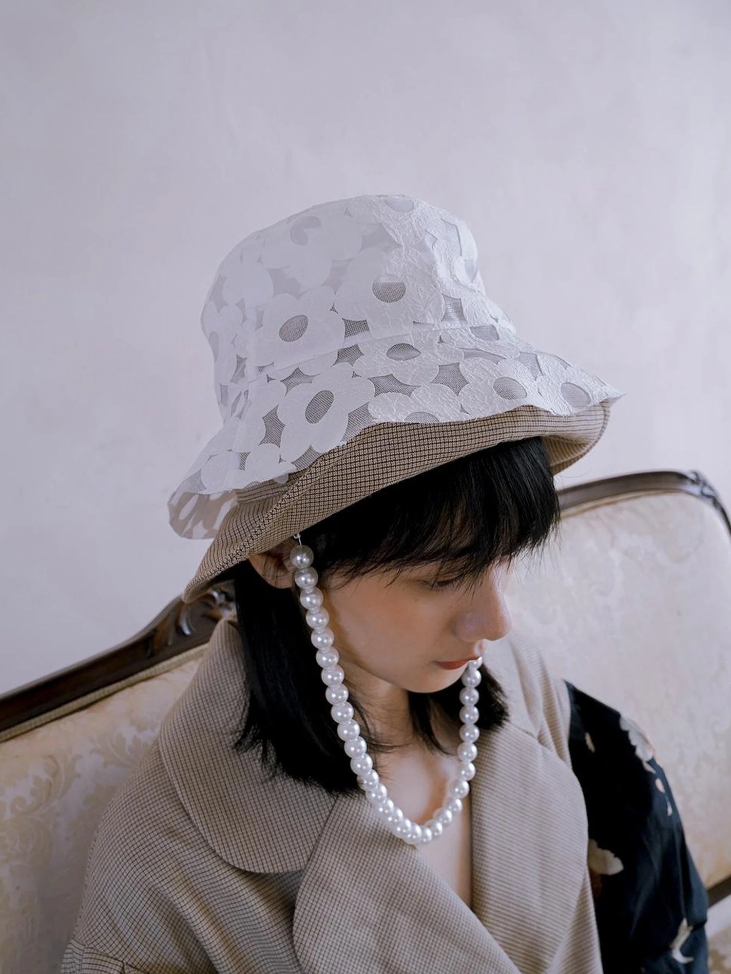 Floral Pearl Checkered Bucket Hat