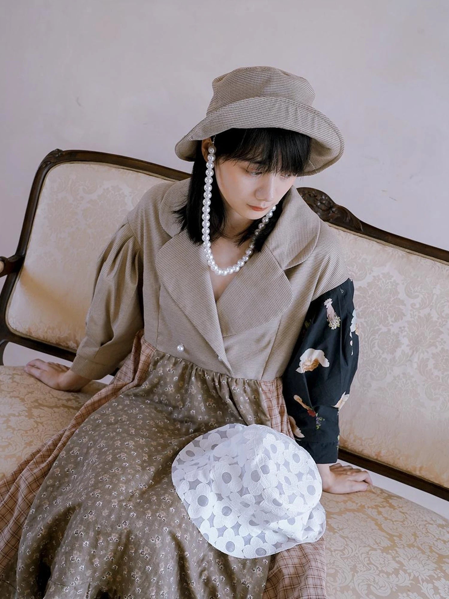 Floral Pearl Checkered Bucket Hat