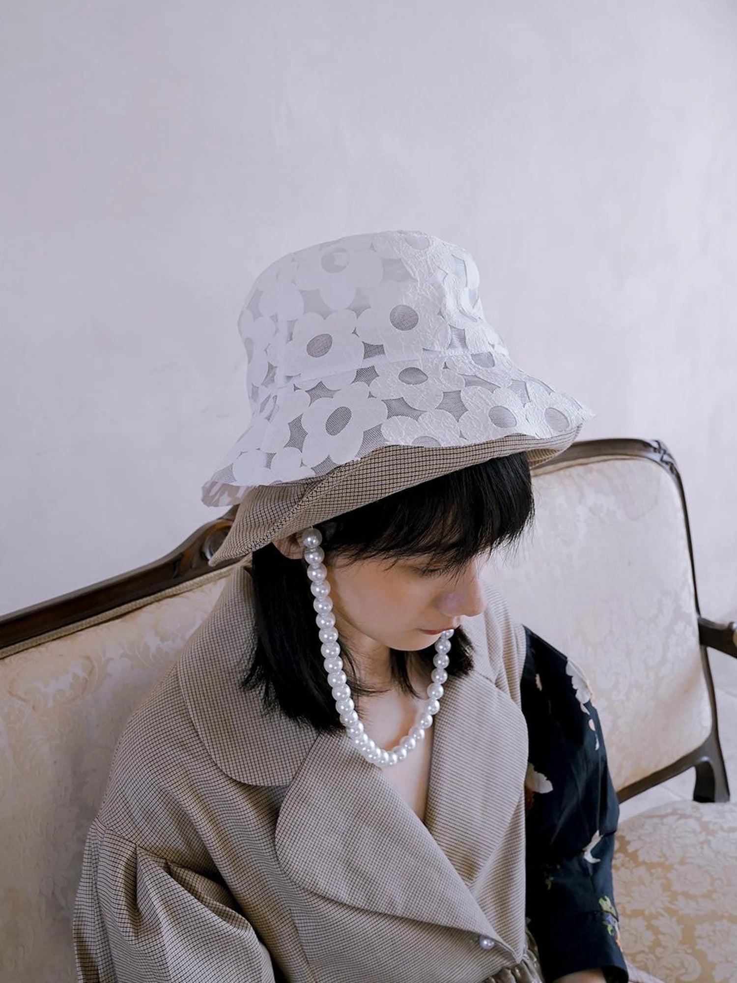 Floral Pearl Checkered Bucket Hat