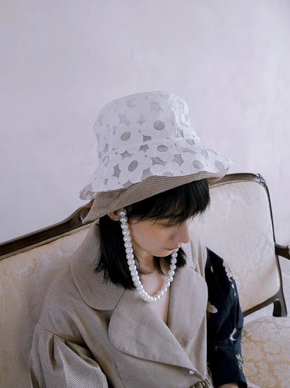 Floral Pearl Checkered Bucket Hat