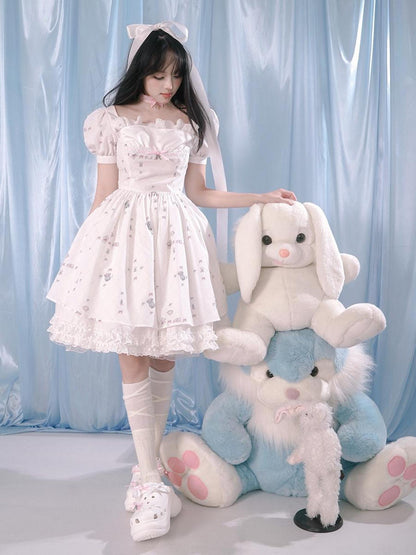 Daytoday Floral Print Bubble Sleeve Lace Trim Dress
