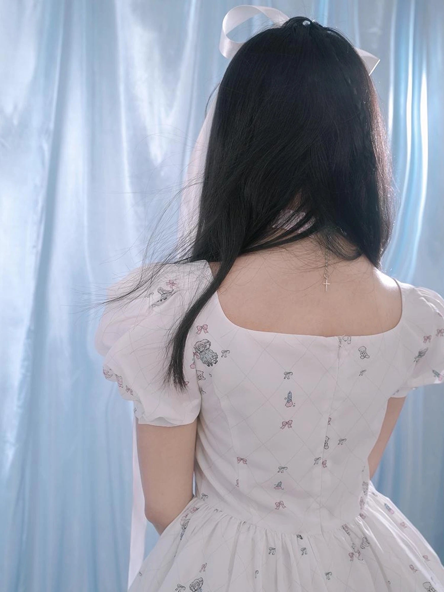 Floral Print Bubble Sleeve Lace Trim Dress