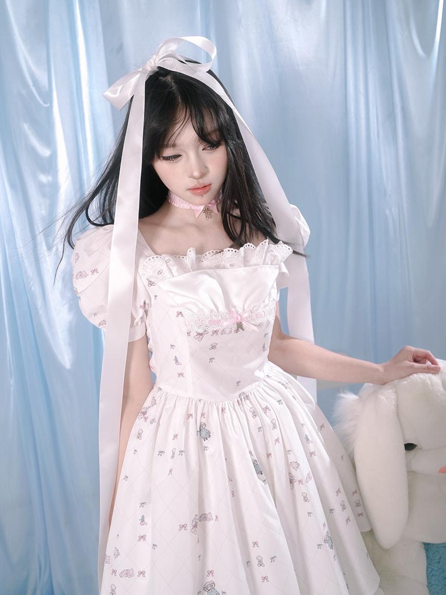 Daytoday Floral Print Bubble Sleeve Lace Trim Dress