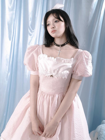 Daytoday Floral Print Bubble Sleeve Lace Trim Dress
