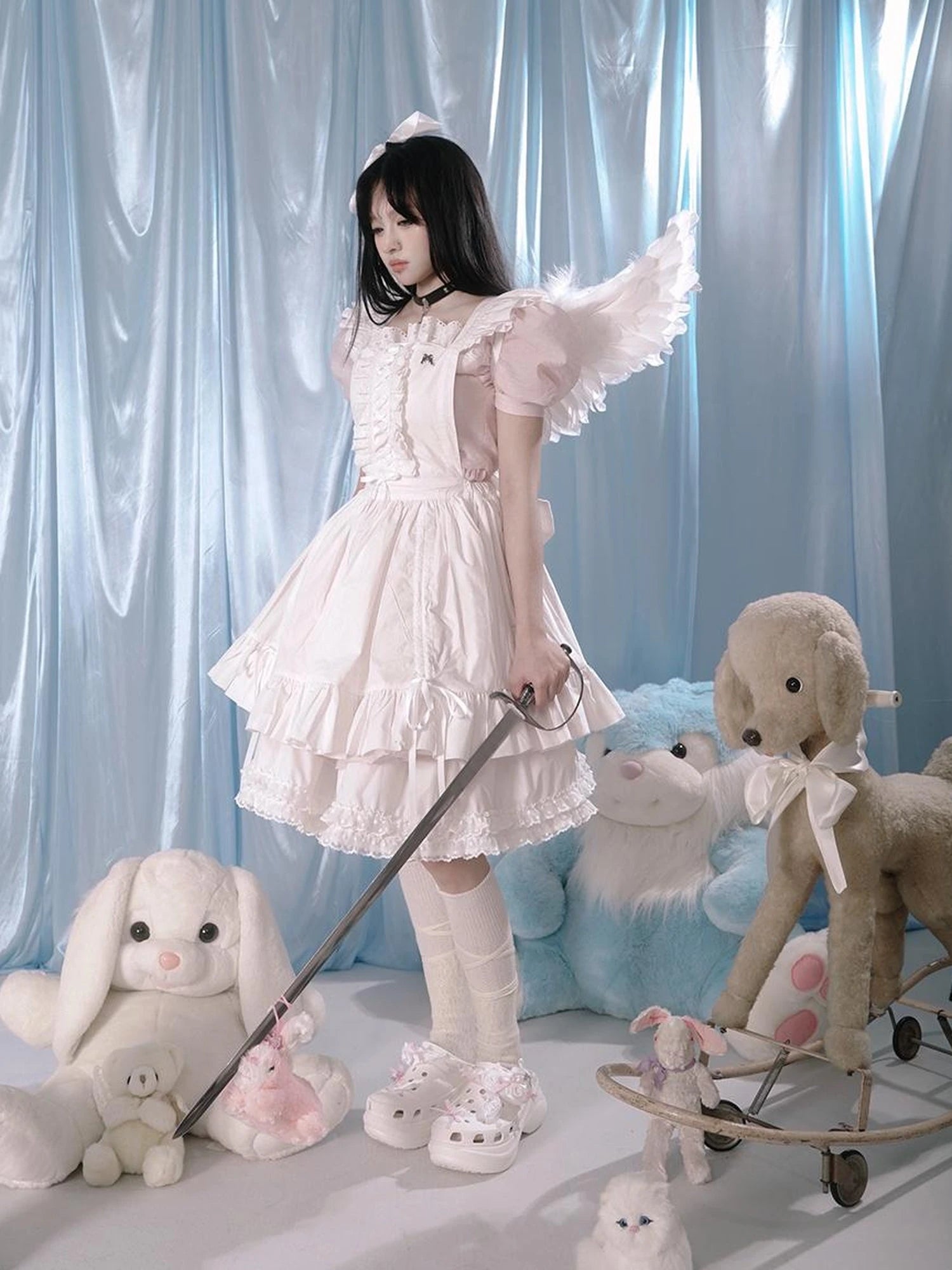 Floral Print Bubble Sleeve Lace Trim Dress