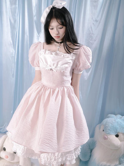 Daytoday Floral Print Bubble Sleeve Lace Trim Dress