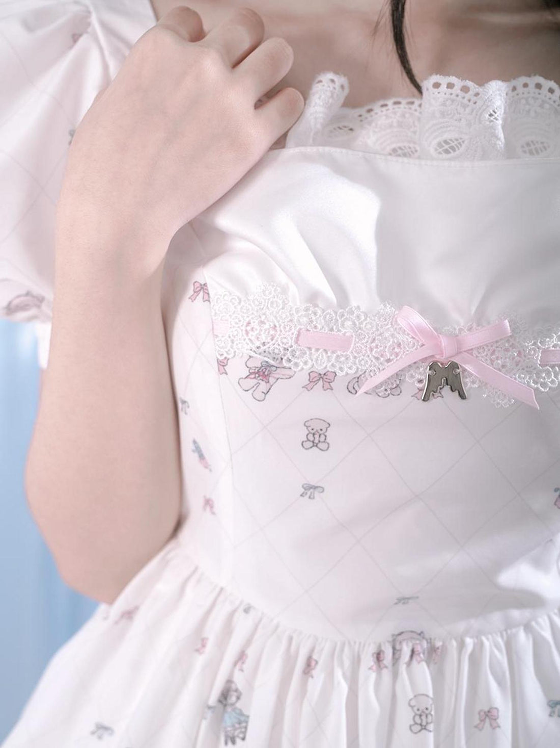 Daytoday Floral Print Bubble Sleeve Lace Trim Dress