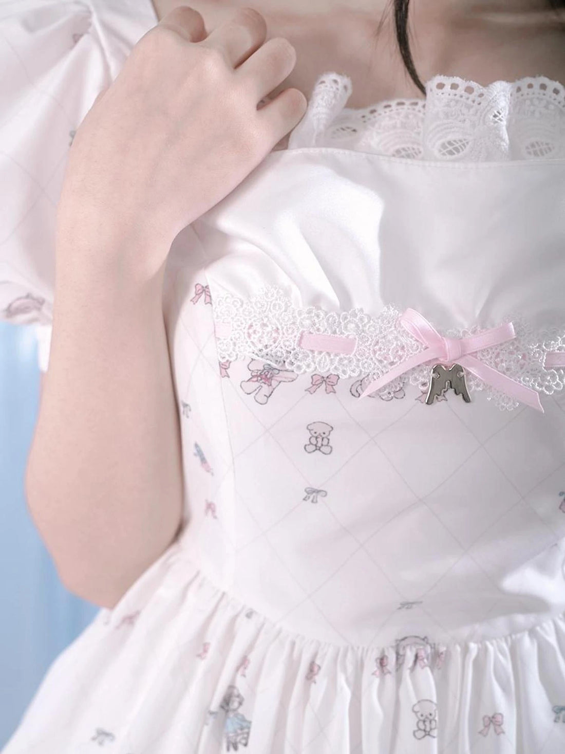 Floral Print Bubble Sleeve Lace Trim Dress