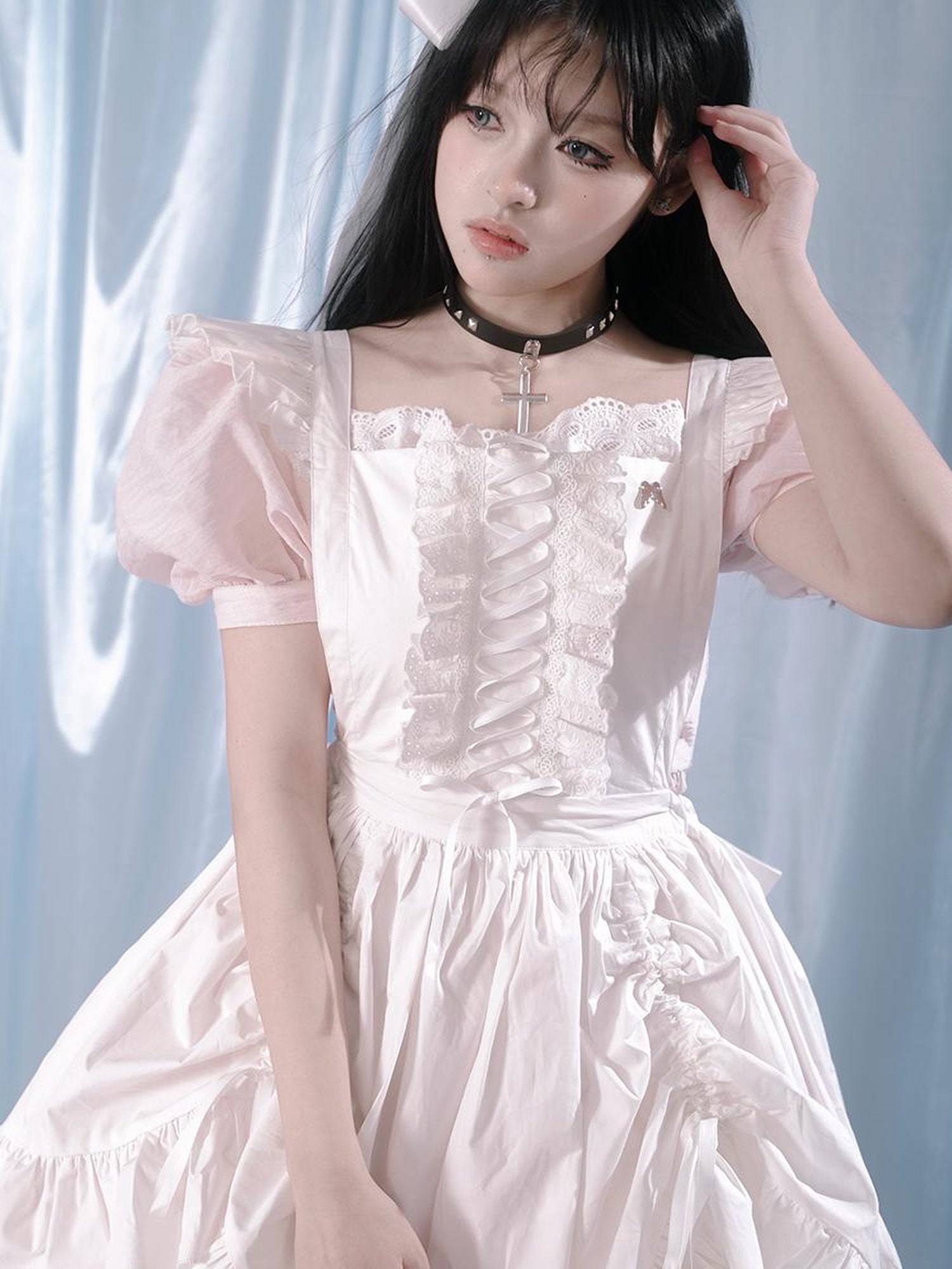 Daytoday Floral Print Bubble Sleeve Lace Trim Dress
