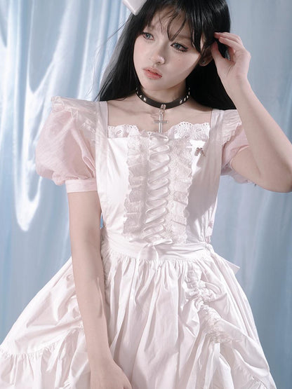 Daytoday Floral Print Bubble Sleeve Lace Trim Dress