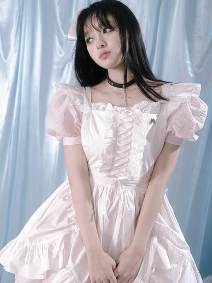 Daytoday Floral Print Bubble Sleeve Lace Trim Dress