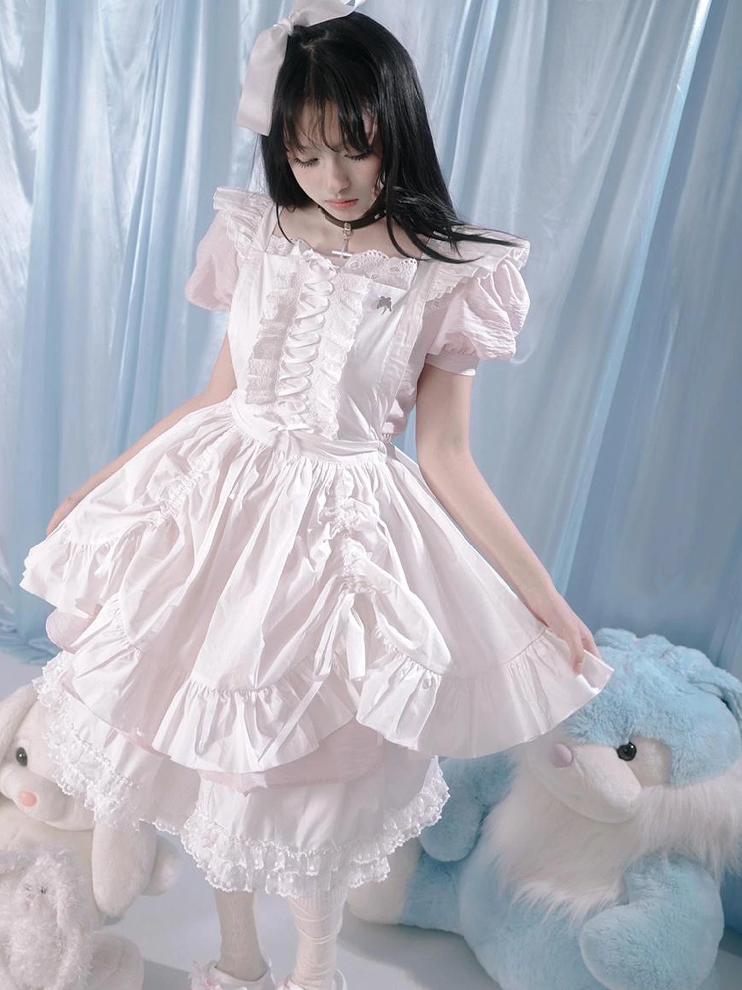 Floral Print Bubble Sleeve Lace Trim Dress