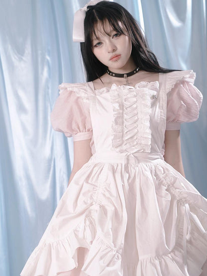 Daytoday Floral Print Bubble Sleeve Lace Trim Dress
