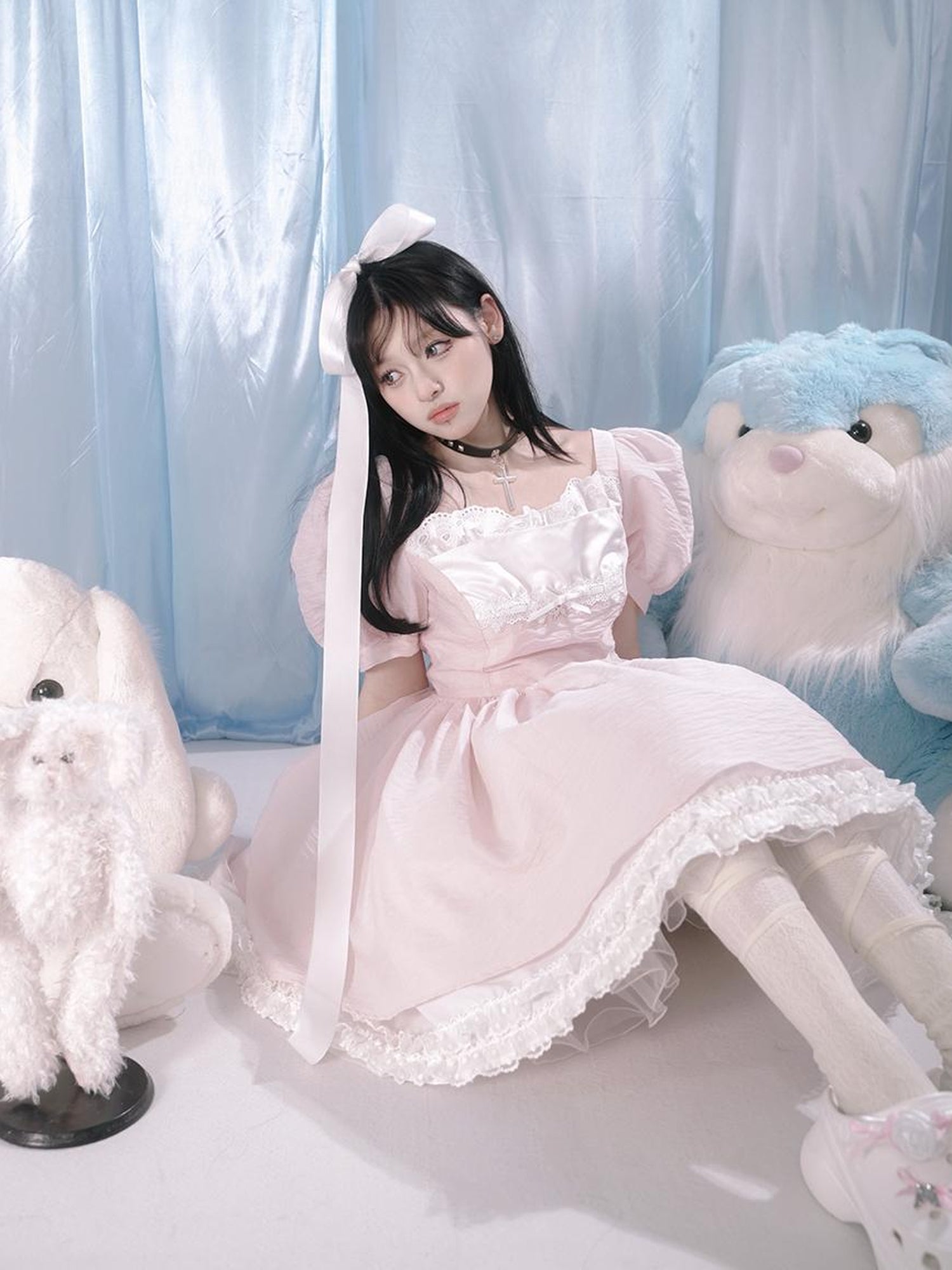 Daytoday Floral Print Bubble Sleeve Lace Trim Dress