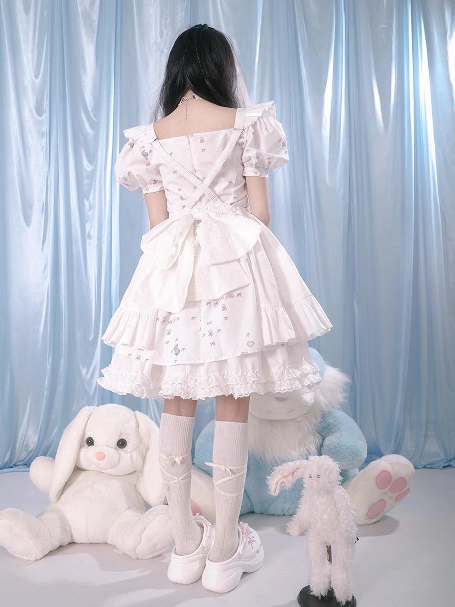 Floral Print Bubble Sleeve Lace Trim Dress