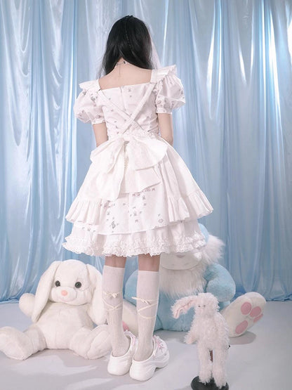 Floral Print Bubble Sleeve Lace Trim Dress