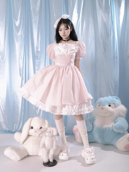 Daytoday Floral Print Bubble Sleeve Lace Trim Dress