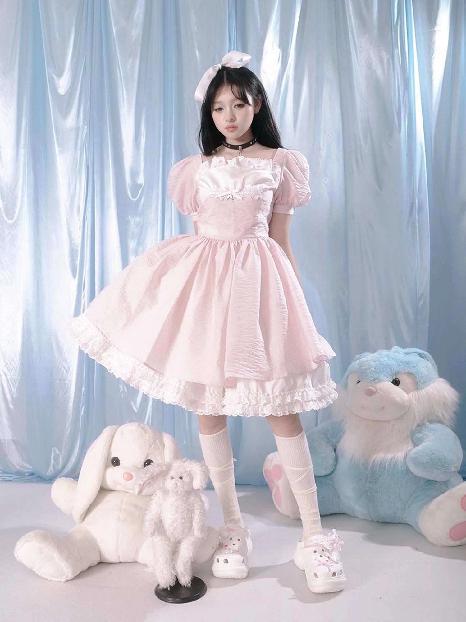 Floral Print Bubble Sleeve Lace Trim Dress