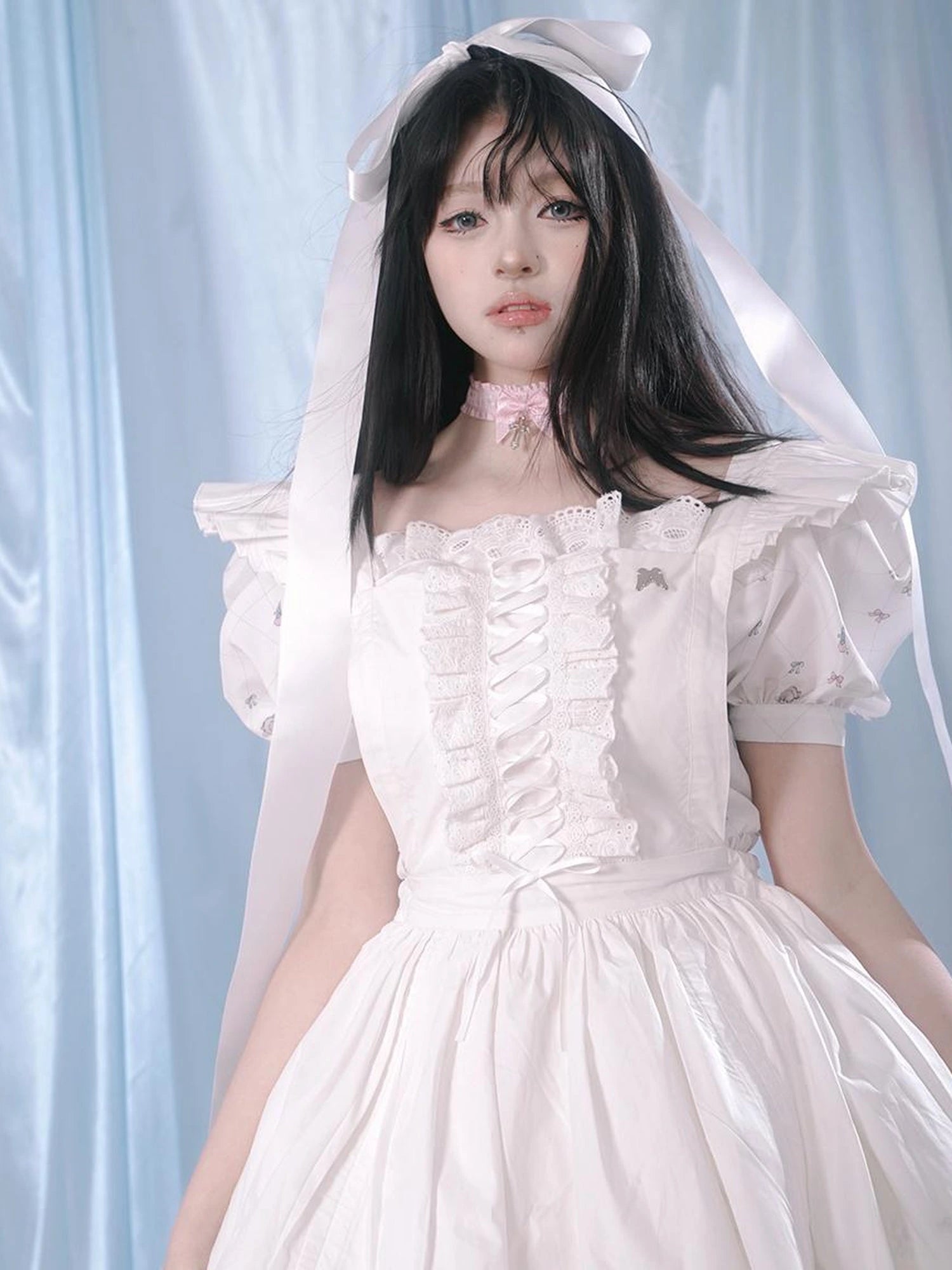 Floral Print Bubble Sleeve Lace Trim Dress