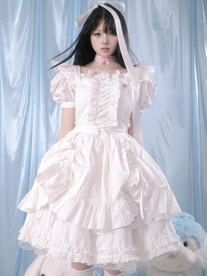 Floral Print Bubble Sleeve Lace Trim Dress