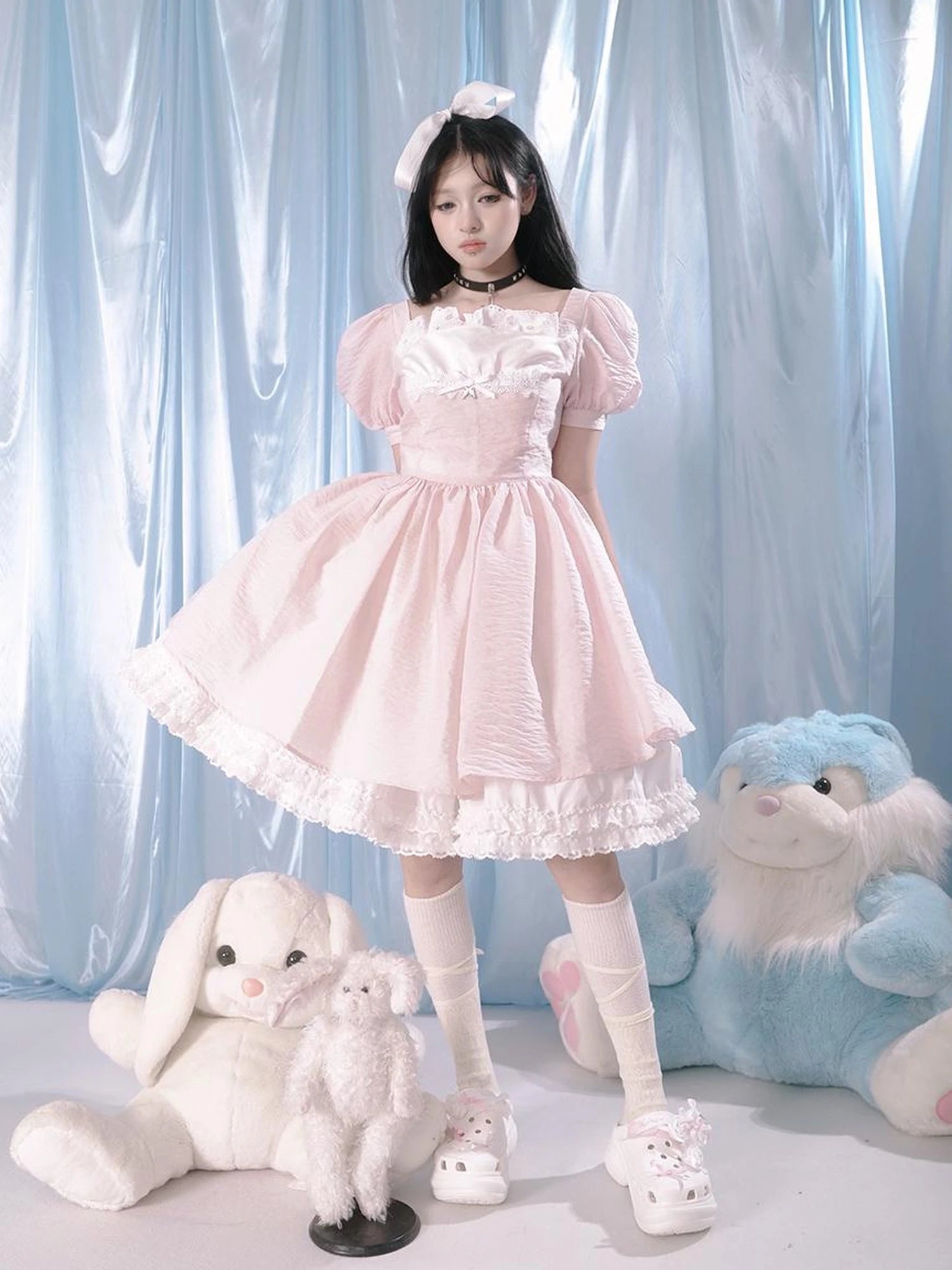 Floral Print Bubble Sleeve Lace Trim Dress