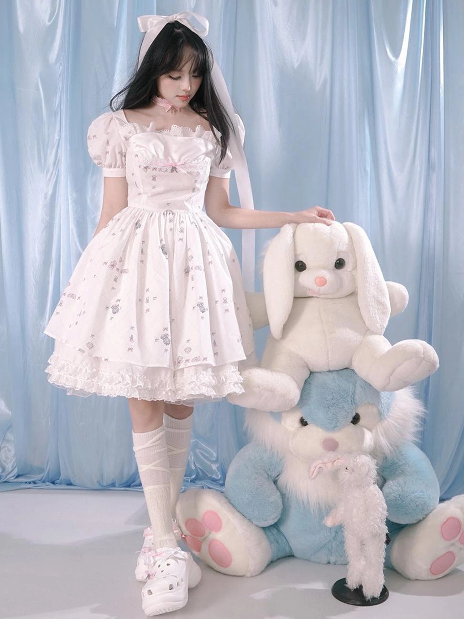 Floral Print Bubble Sleeve Lace Trim Dress